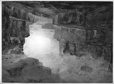 dustgrain photogravure, an inverted photographic image with hand drawing on transparency, original photo by Jim Rees taken in a Lake Michigan cave 